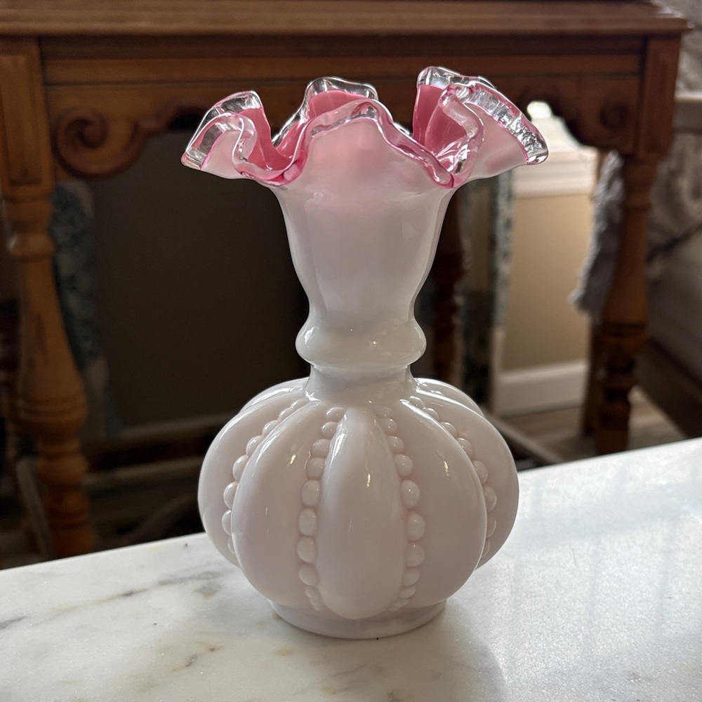 FENTON Beaded Melon Vase, Pink Encased Overlay, Ruffled Silver Crest Crimped Top
